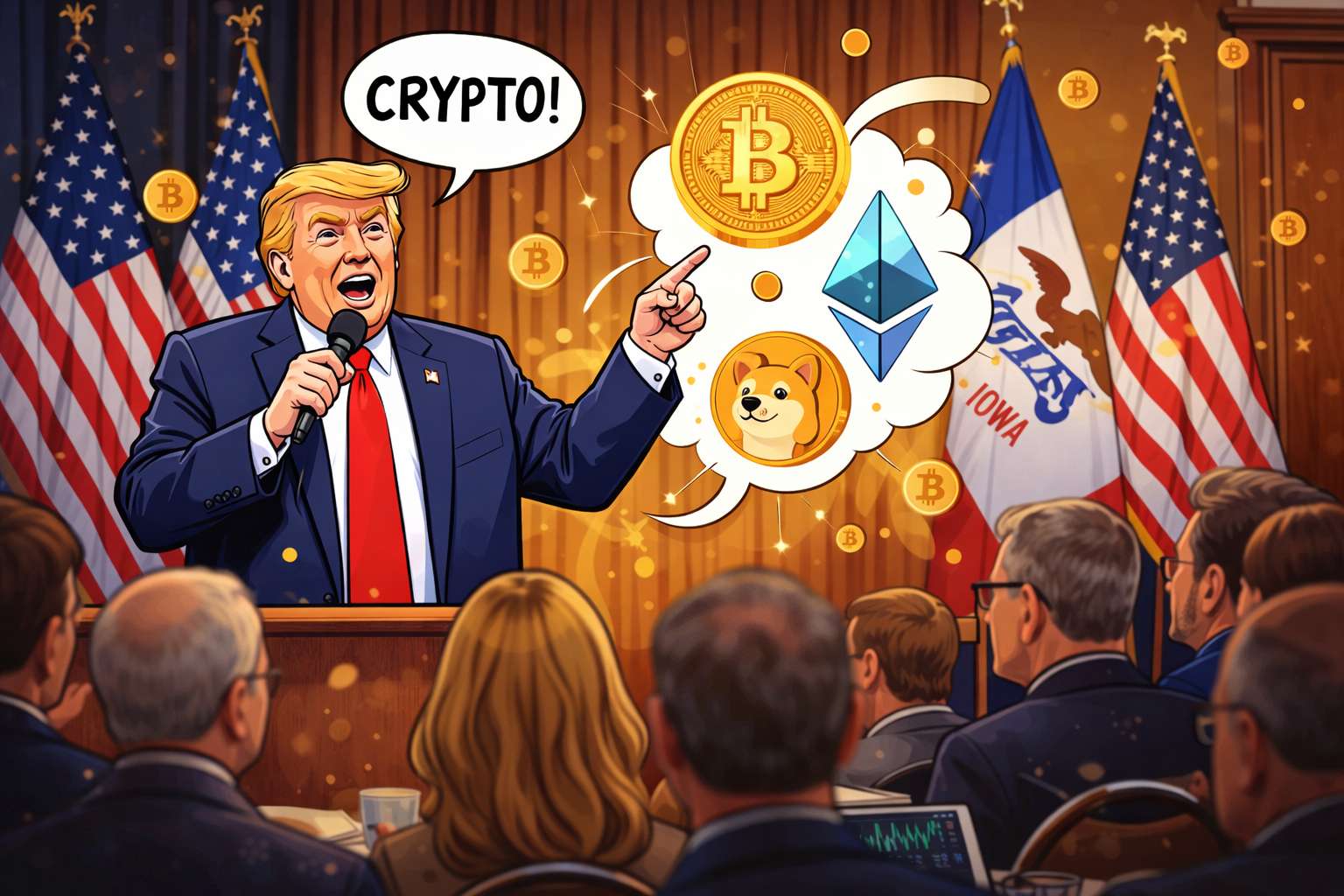 Wat Trump in Iowa zei over crypto tijdens besloten bijeenkomst